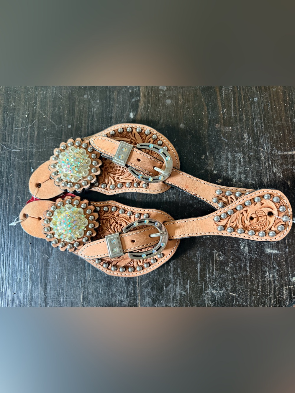 light tooled leather western spur straps decorative Large ABS Rhinestones Studs